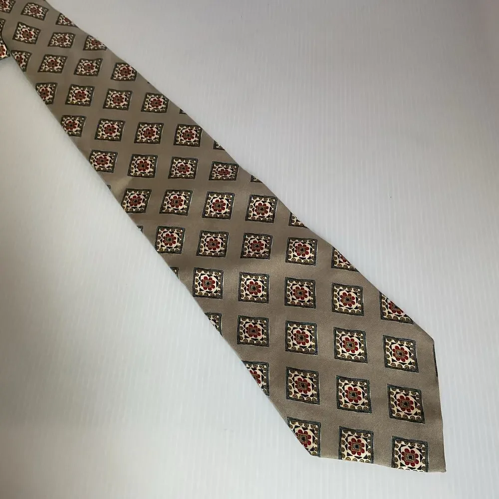 Vintage Burberrys of London Tie 100% Silk Made in USA Beige Geometric Print
